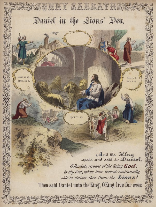 Daniel i lejonhålan (färgad gravyr) av English School