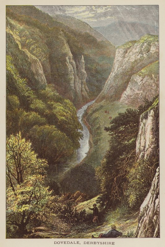 Dovedale, Derbyshire (färgad gravyr) av English School