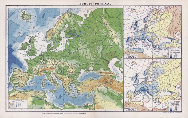 Europa, fysisk (färglitografi) av English School