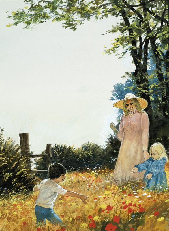 Familj i blommigt fält av English School