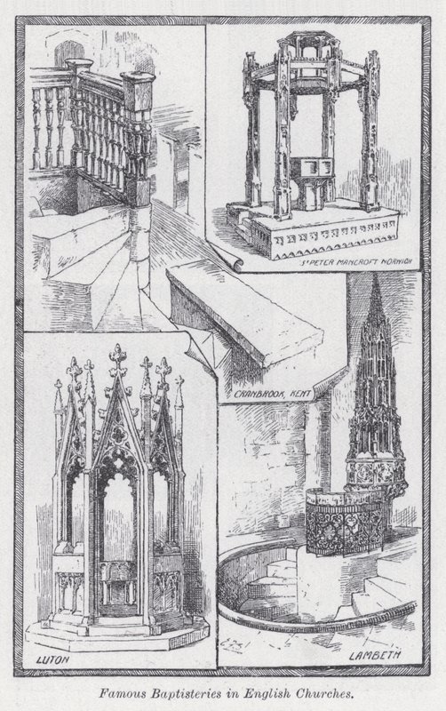 Berömda baptisterier i engelska kyrkor (litho) av English School