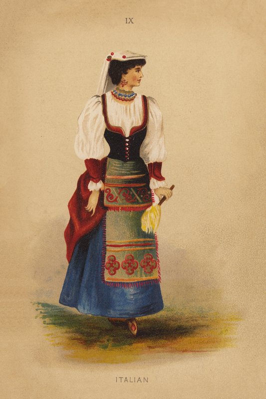 Utklädningskläder: Italienska (färglitografi) av English School