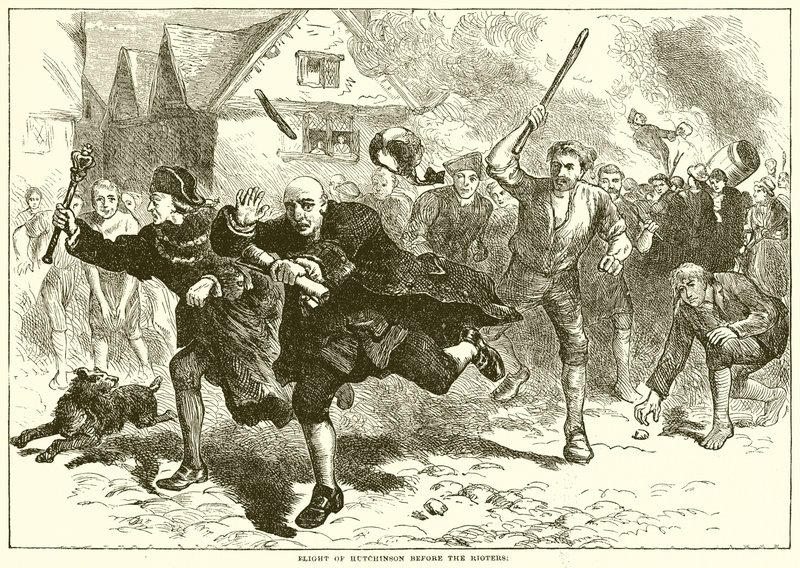 Flight of Hutchinson före Rioters av English School