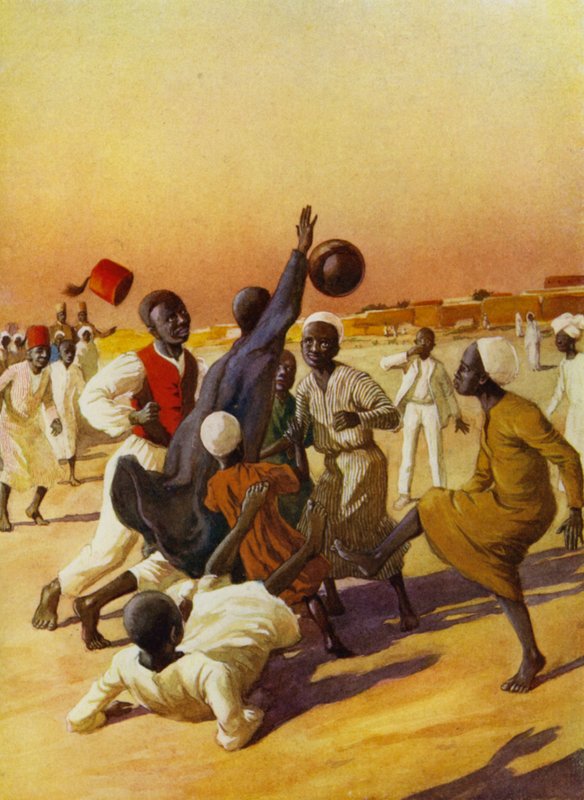 Fotboll i Sudan (färg litho) av English School