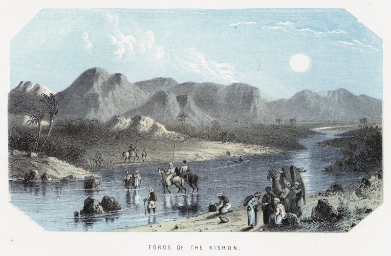 Fords of the Kishon (färgad gravyr) av English School