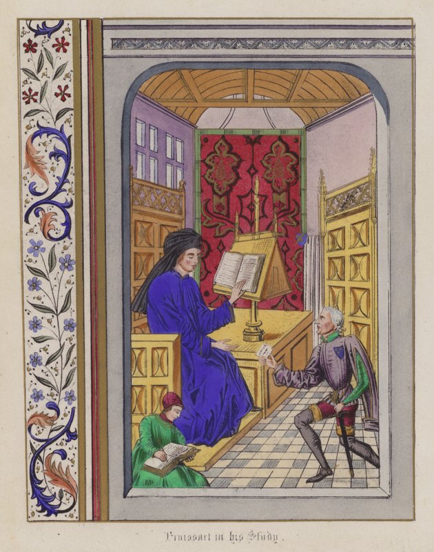 Froissart i hans arbetsrum (färgad gravyr) av English School