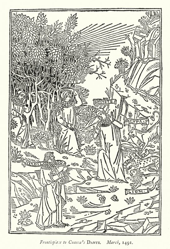 Frontispice till Coaecas Dante, mars 1491 (gravyr) av English School