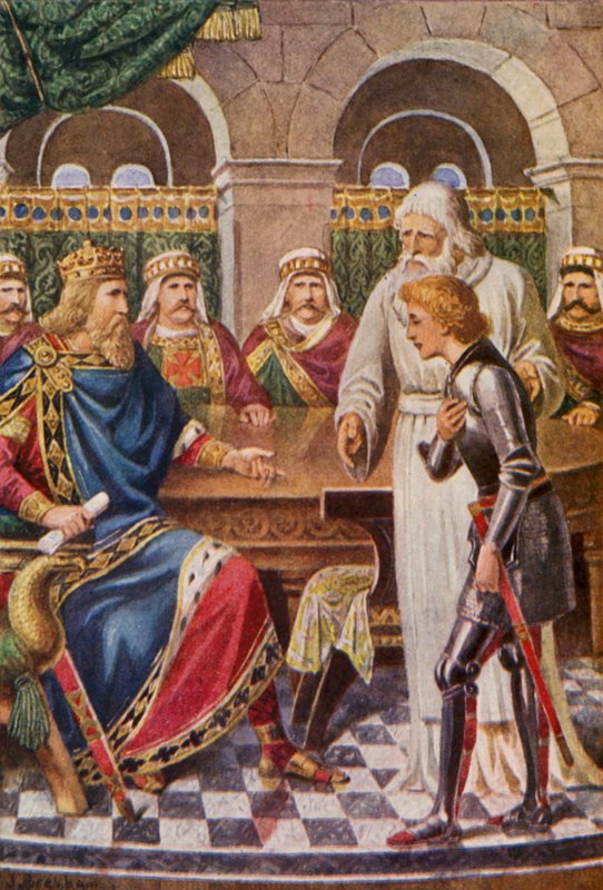 Galahad vid kung Arthurs hov (färglitografi) av English School