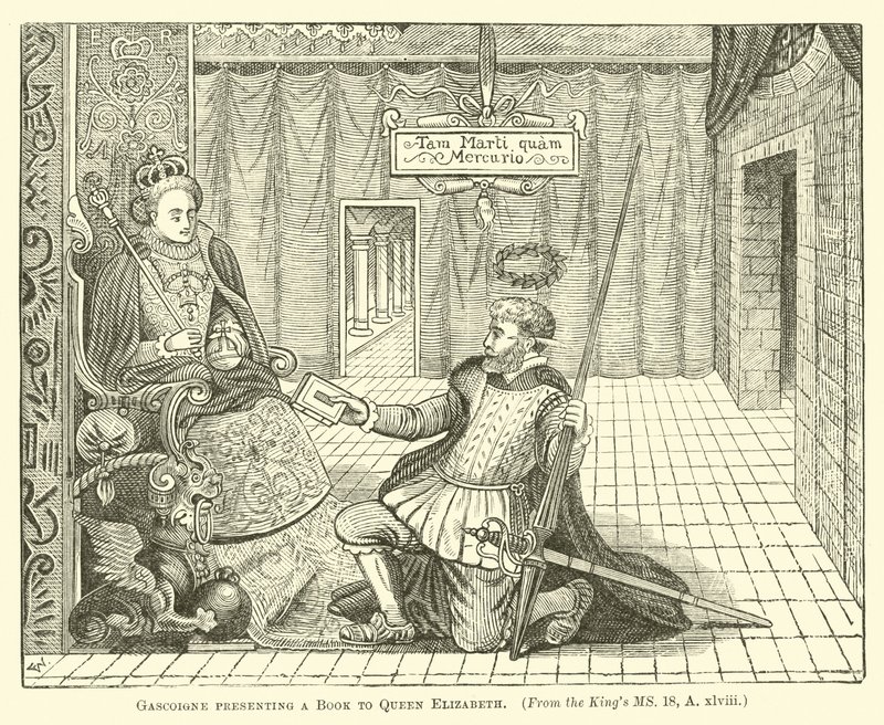 Gascoigne presenterar en bok för drottning Elizabeth av English School