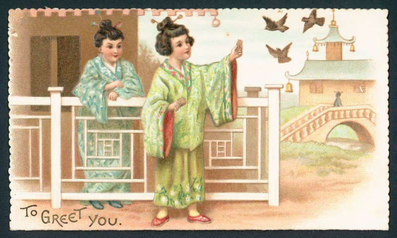 Geisha flickor matar fåglar, julkort av English School