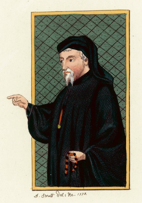Geoffrey Chaucer (färgad gravyr) av English School