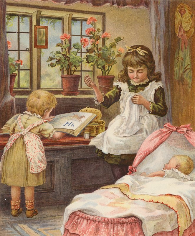 Flicka som tar hand om sina yngre syskon (chromolitho) av English School