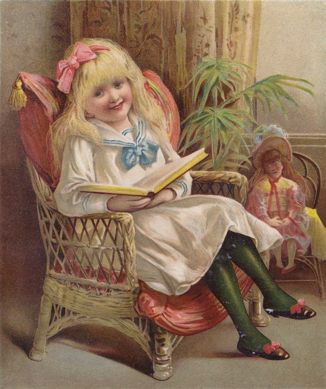 Flicka som läser i en stol (chromolitho) av English School