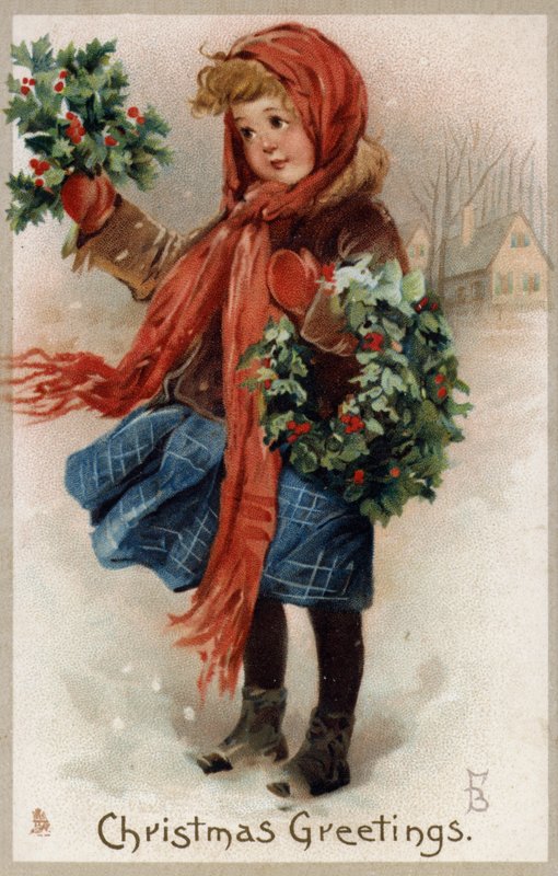 Tjej som säljer järnek och julkransar (chromolitho) av English School