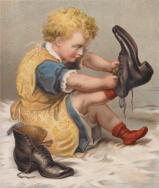 Flicka provar sin mammas stövlar (chromolitho) av English School