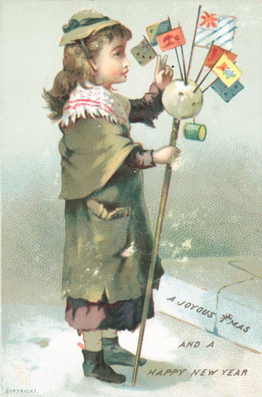 Flicka som viftar med flaggor, julkort av English School