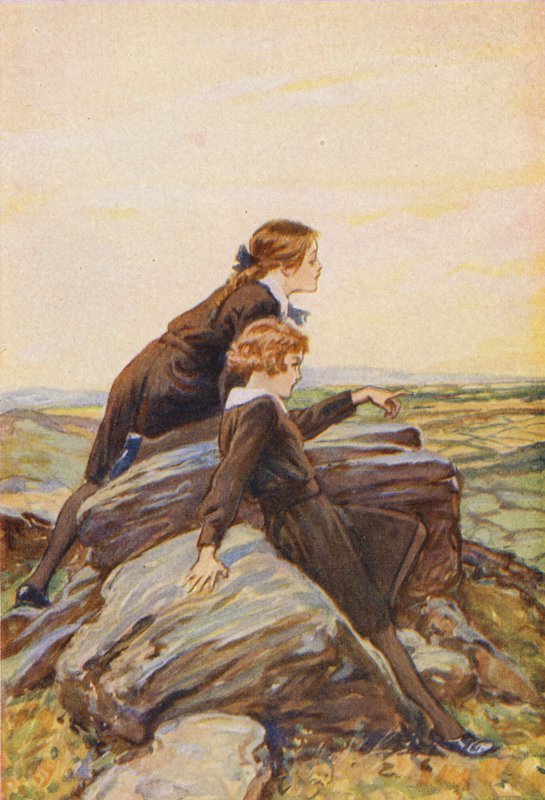 Flickor på en klippig bergstopp (färglitografi) av English School
