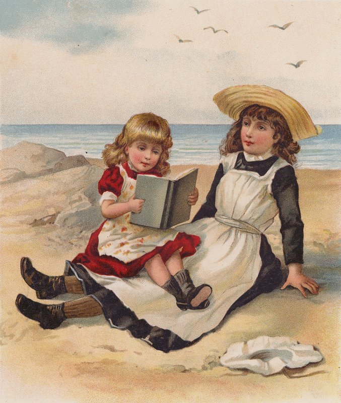 Flickor som läser på en strand (chromolitho) av English School