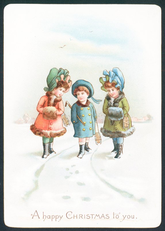 Flickor som går i snön, julkort av English School
