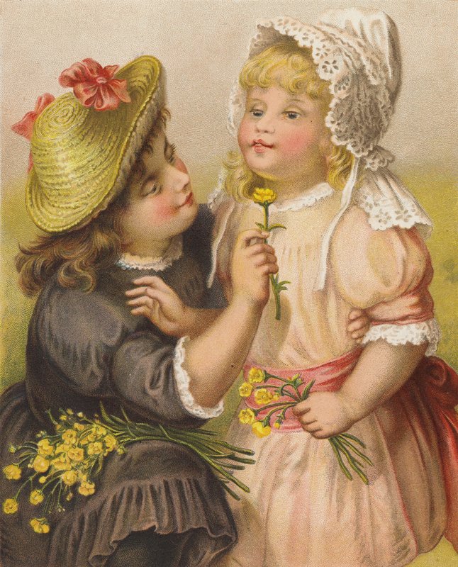 Flickor med smörblommor (chromolitho) av English School