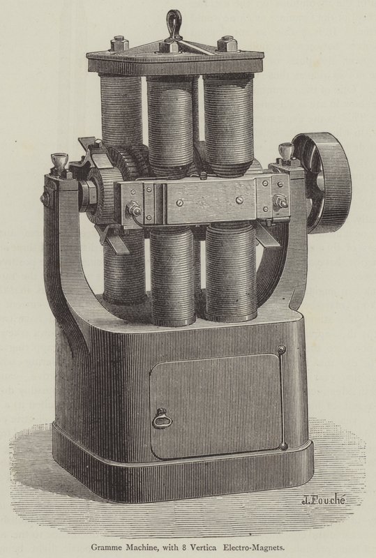 Gramme Machine, med 8 vertikala elektromagneter (gravyr) av English School