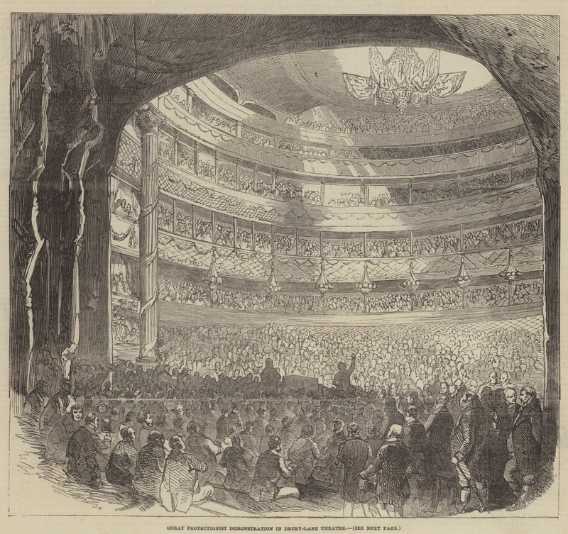 Stor protektionistisk demonstration i Drury-Lane Theatre (gravyr) av English School