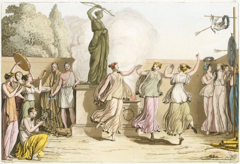 Græske kvinder danser omkring statue af Dianaswed av English School