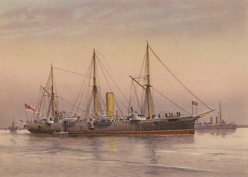 HMS Mohawk, kryssare av 3:e klass (färglitografi) av English School
