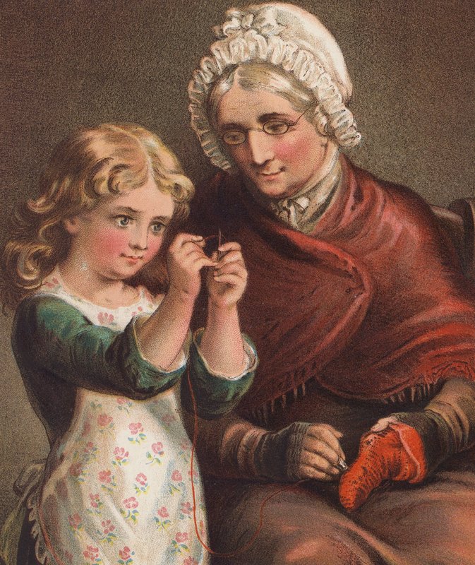 Helping Grannie (färglitografi) av English School