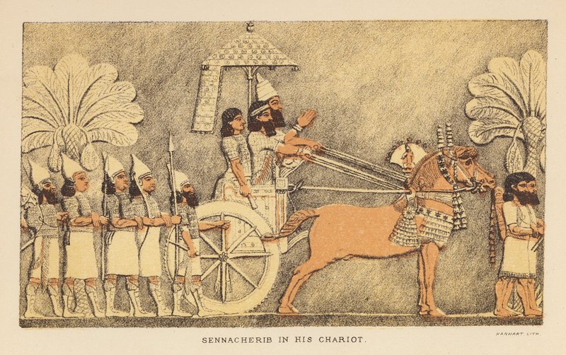 Herodotos: Sennacherib i sin vagn (färglitografi) av English School