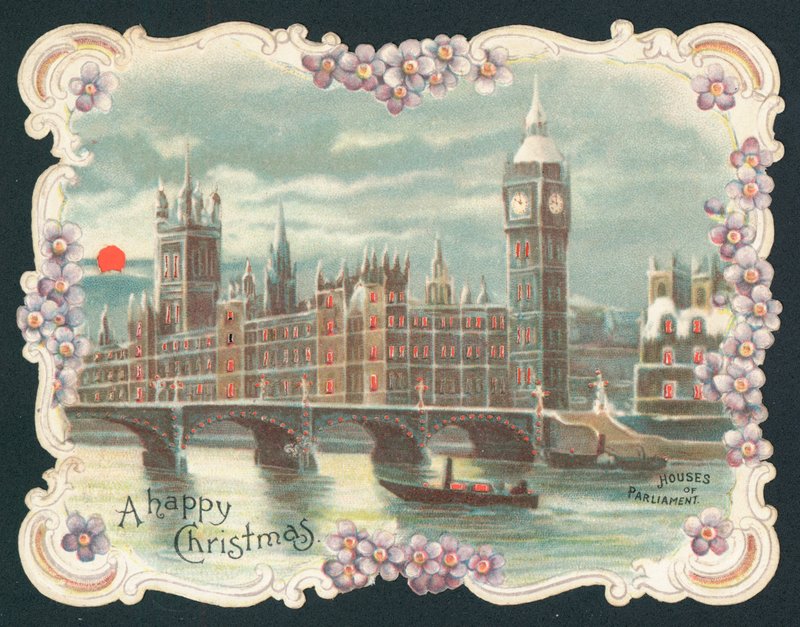 Houses of Parliament på vintern, julkort av English School