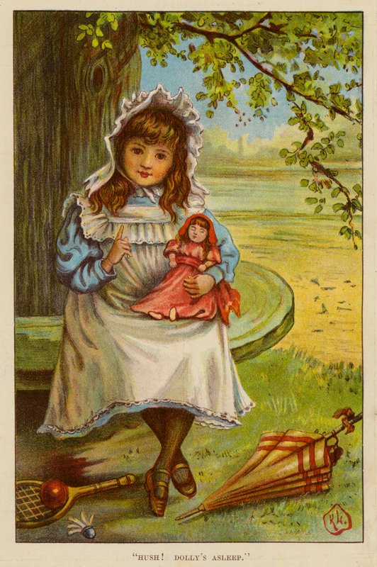 "Tyst! Dolly sover" (färg litho) av English School