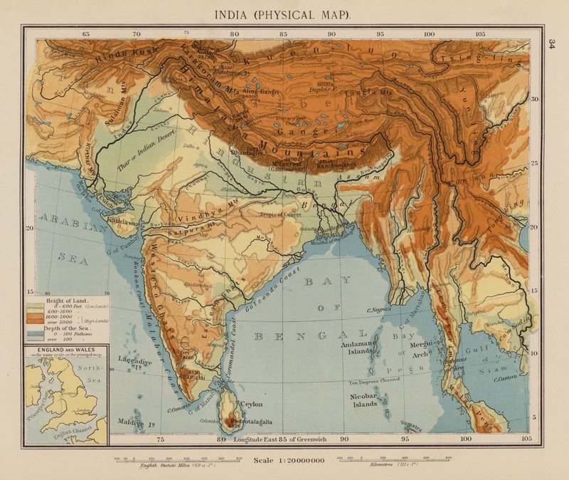 Indien, fysisk karta (färglitografi) av English School