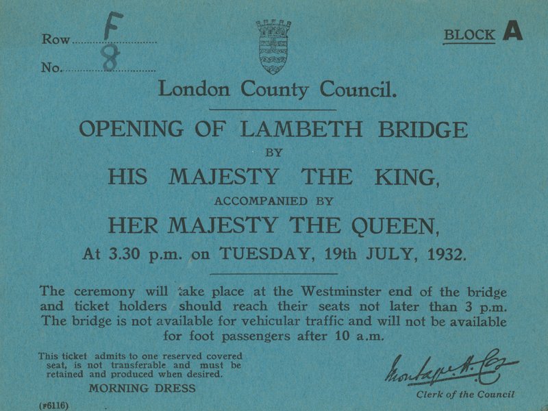 Inbjudan till invigningen av Lambeth Bridge av English School