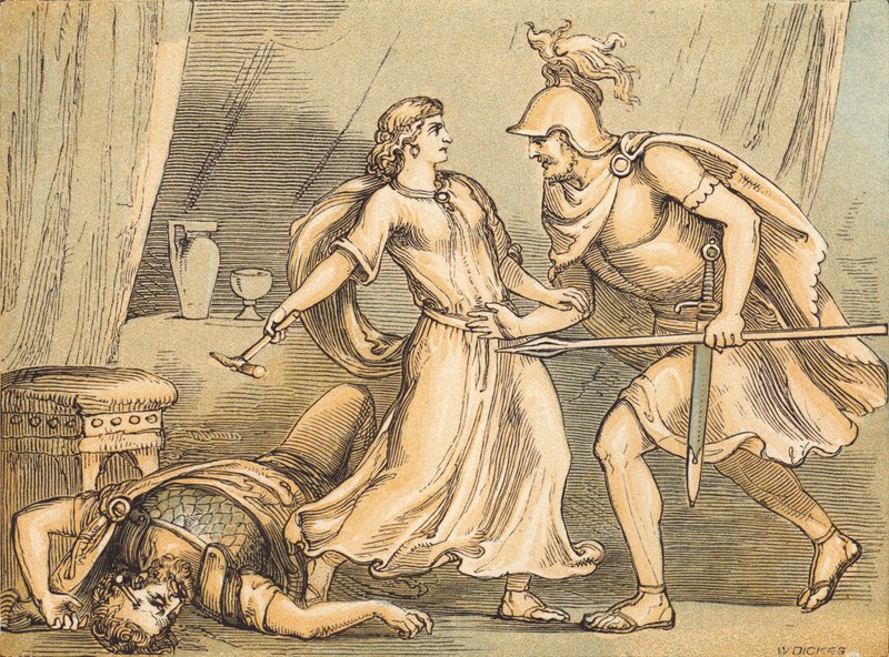 Jael och Sisera (färgad gravyr) av English School