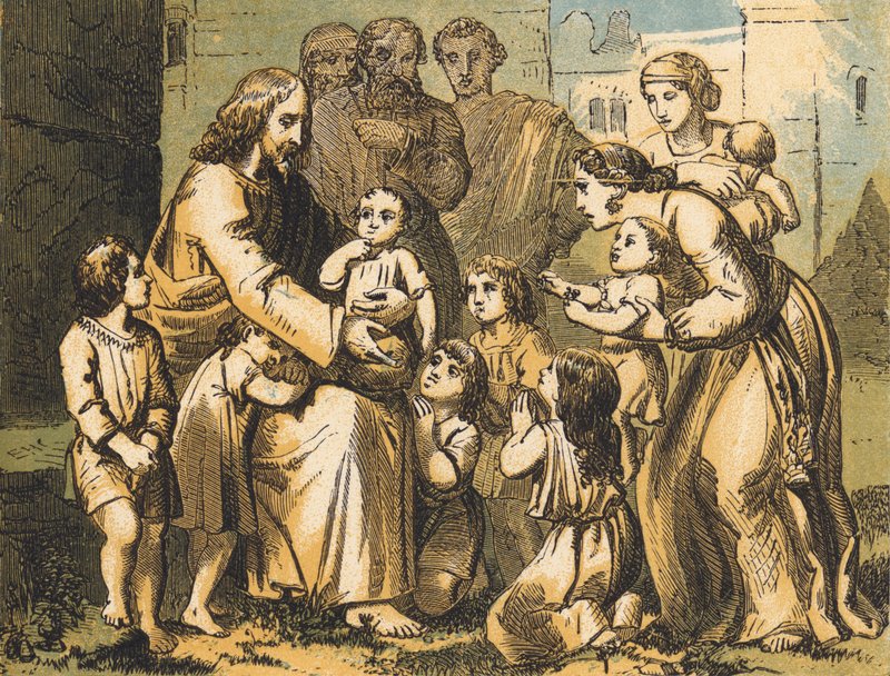 Jesus välsignar små barn (färgad gravyr) av English School