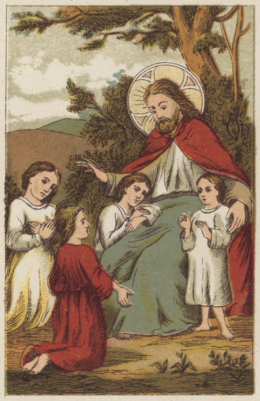 Jesus Kristus och barn (färg litho) av English School