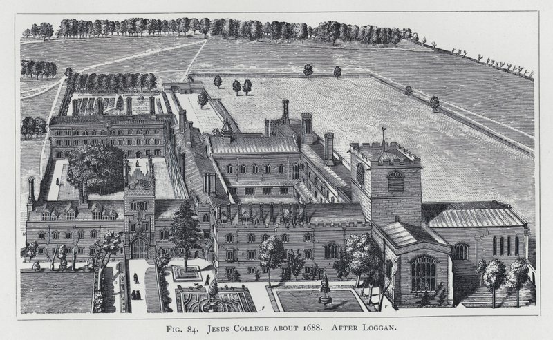Jesus College omkring 1688, efter Loggan (gravyr) av English School