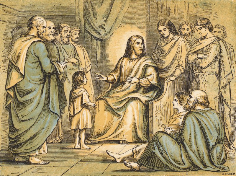 Jesus undervisar sina lärjungar (färgad gravyr) av English School
