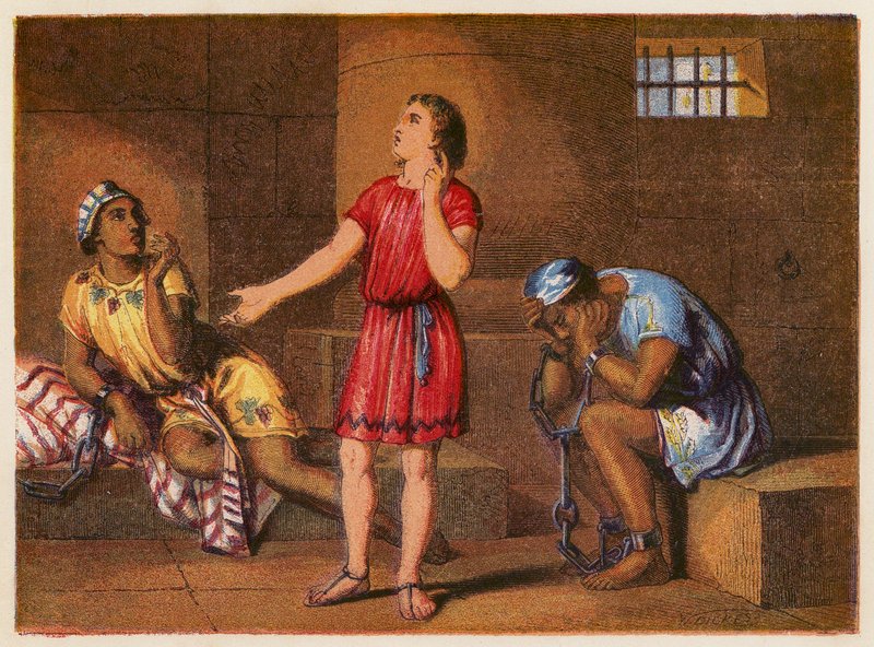 Josef i fängelset (färglitografi) av English School