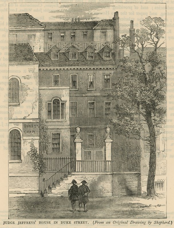 Domare Jeffreys hus i Duke Street, London av English School