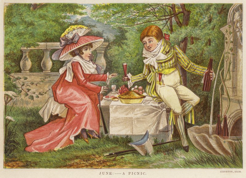 Juni: en picknick (färg litho) av English School