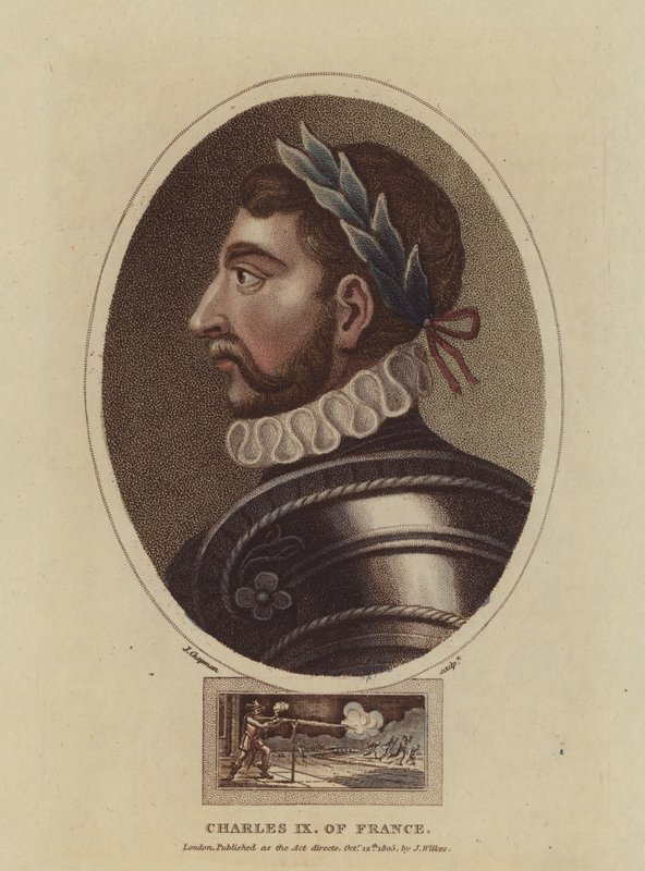 Kung Karl IX av Frankrike (färgad gravyr) av English School