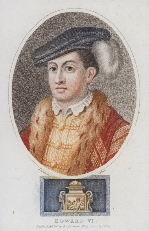 Kung Edward VI av England (färgad gravyr) av English School