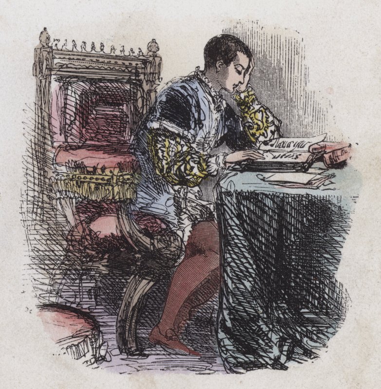 Kung Edward VI läsning (färgad gravyr) av English School