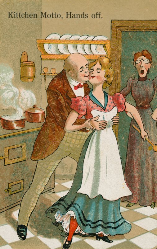 Köksbiträde som angrips (färg litho) av English School