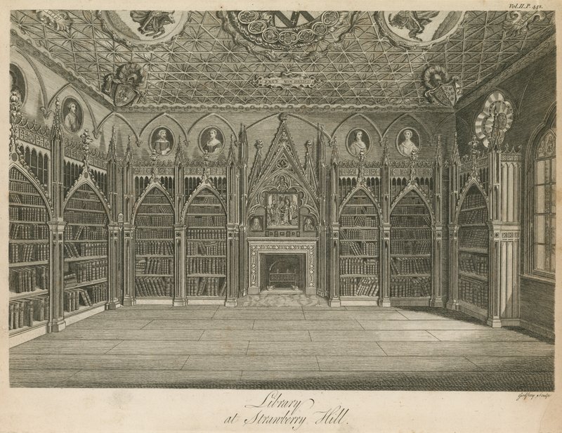 Bibliotek på Strawberry Hill, London av English School