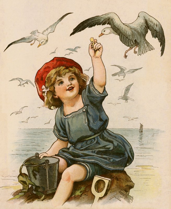 Liten flicka matar måsar (färg litho) av English School