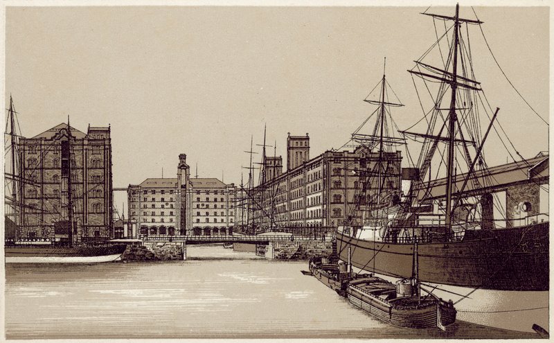 Liverpool: Waterloo Dock och spannmålslager (litografi) av English School