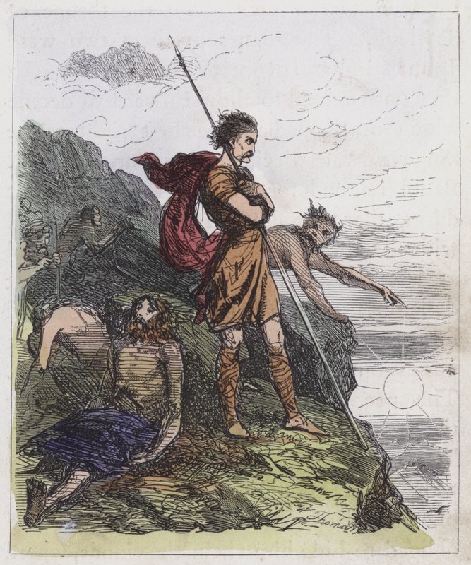 Llewellyn on the Mountains (färgad gravyr) av English School